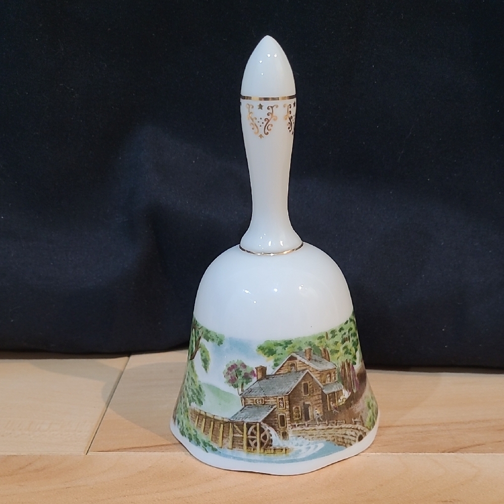 2/$20 Vintage Currier & Ives Elegant White Ceramic Bell with Scenic Design